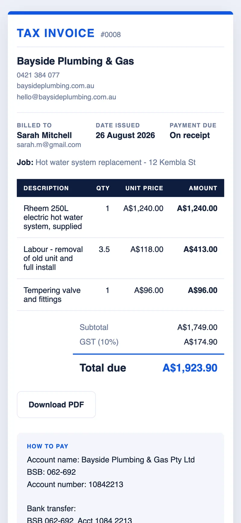 The tax invoice your customer receives: Bayside Plumbing and Gas, itemised work, GST breakdown, total due A$1,923.90, Download PDF and bank details for payment
