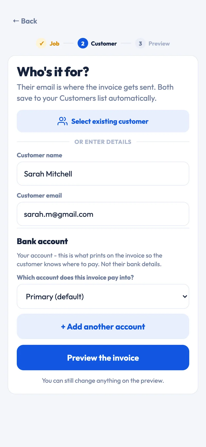 Customer step in QuickQuote with a picker for which bank account this invoice pays into